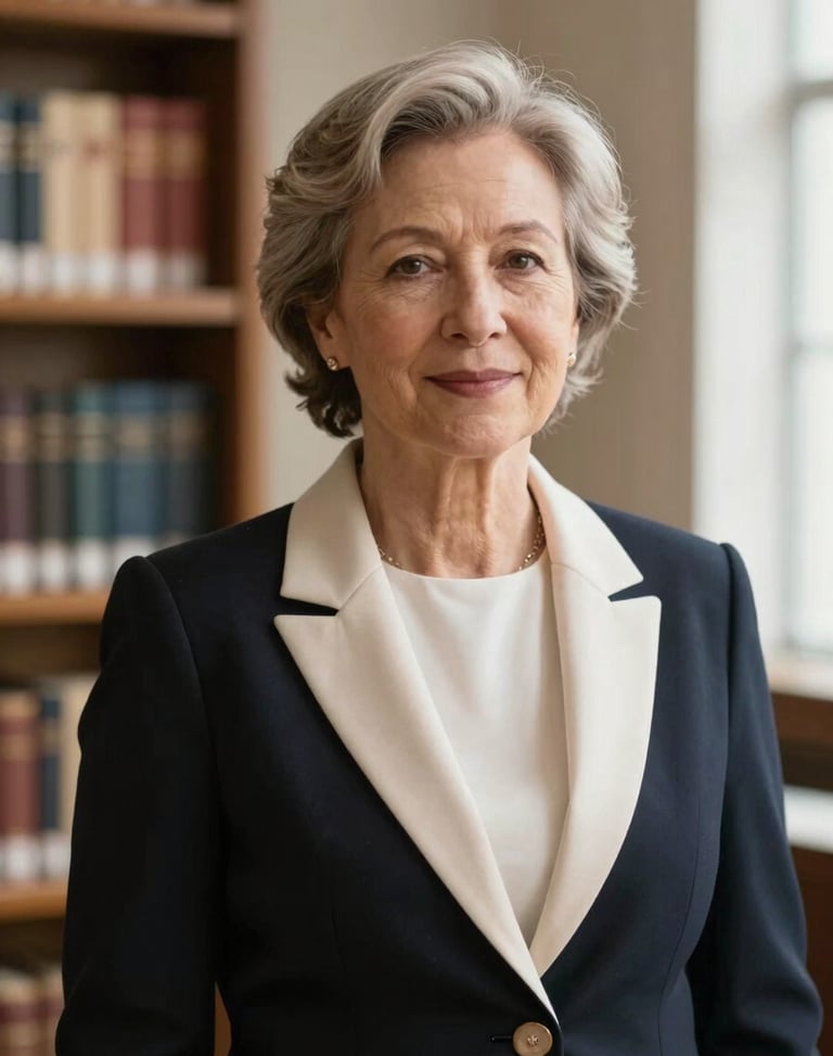 Professional portrait of a senior female lawyer in elegant business attire, warm lighting, library background, shallow depth of field, 35mm