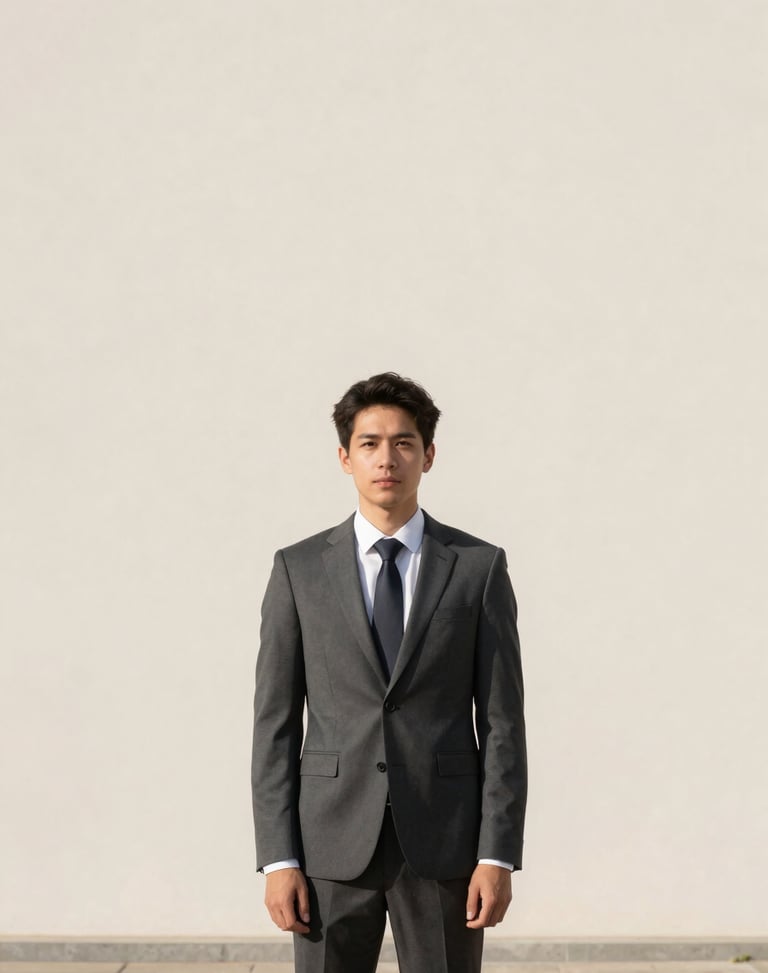 Minimalist architectural portrait of a male business attorney, soft natural daylight, sharp focus, 35mm