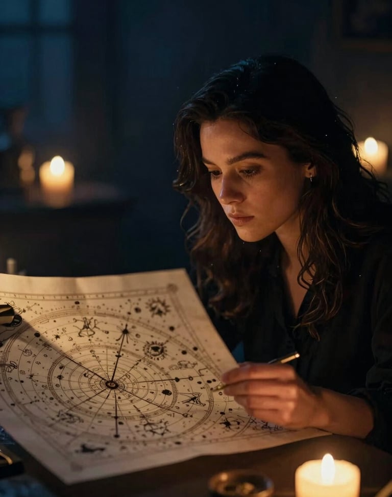 A portrait of a female astrologer studying a beautifully printed celestial chart, warm soft golden-hour highlights, moody editorial 35mm