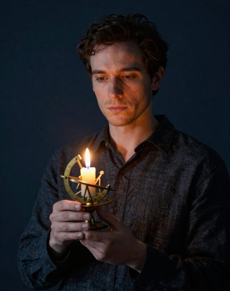 A portrait of a male astrologer in a dark linen shirt, holding a brass astrolabe, warm candlelit shadow, moody editorial 35mm