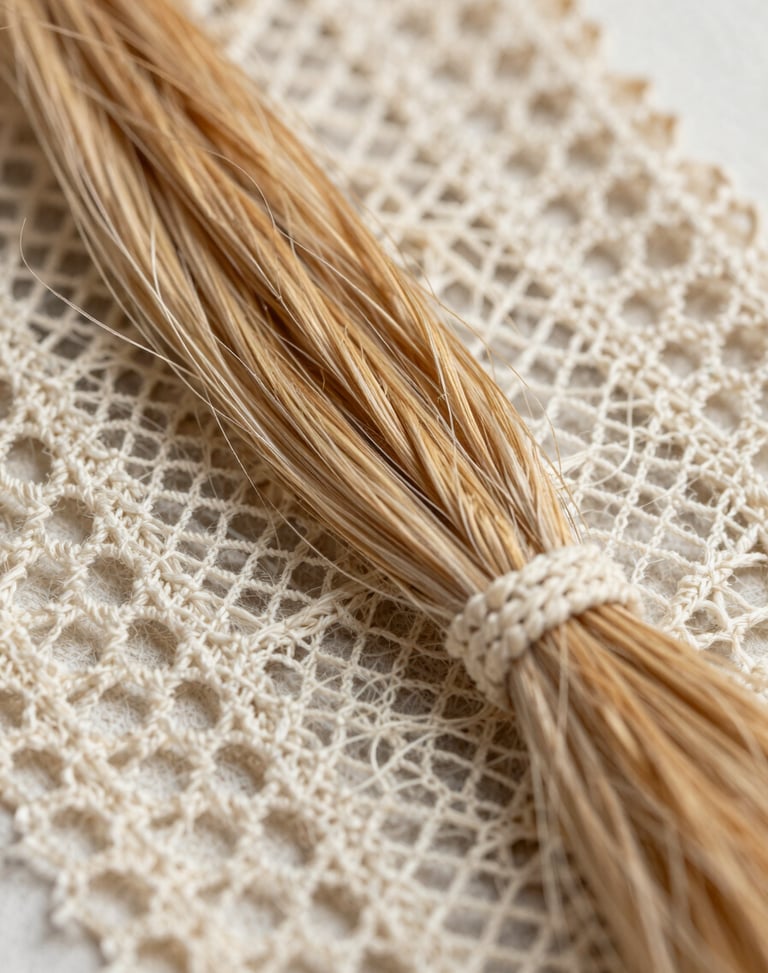 Macro detail of a fine lace base and meticulously hand-knotted natural hair cuticles