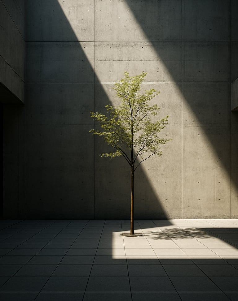Straight-on architectural shot of an interior courtyard, natural light streaming down a raw concrete wall, a single minimalist tree, deep shadows, high-contrast daylight.