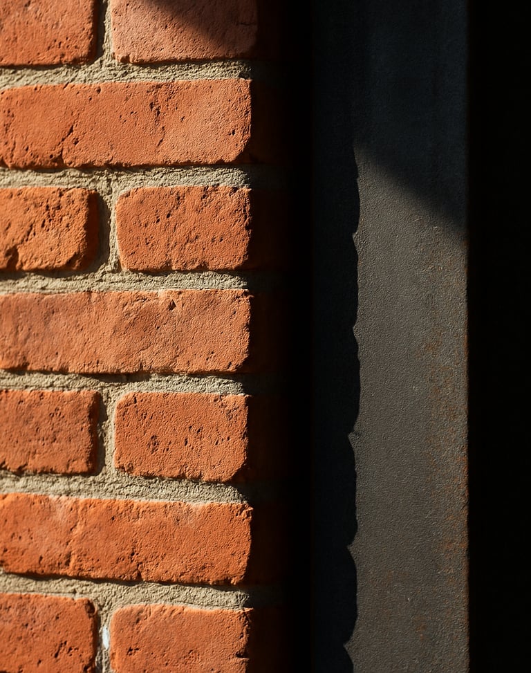 Detail shot of architectural material transition, raw handmade red brick meeting a dark structural steel column, sharp shadows, natural side lighting.
