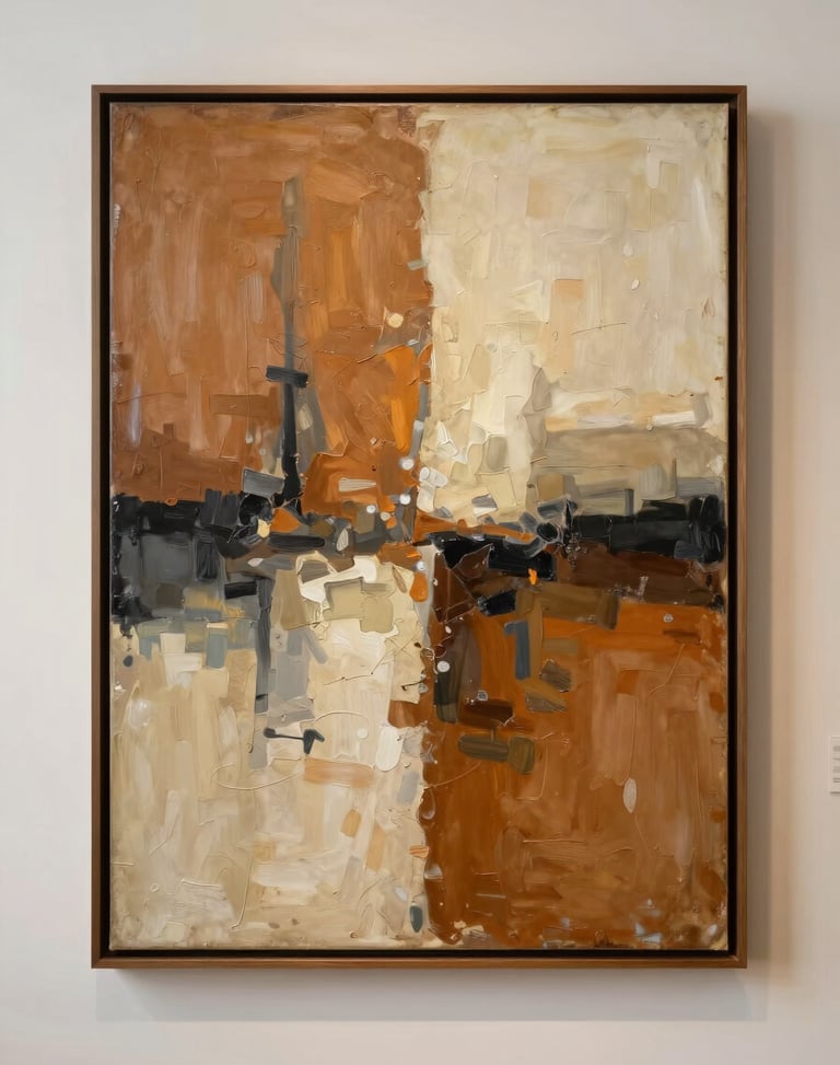 Straight-on elegant gallery shot of an abstract oil painting with rich ochre, cream, and charcoal textures, framed in a thin dark wood frame.