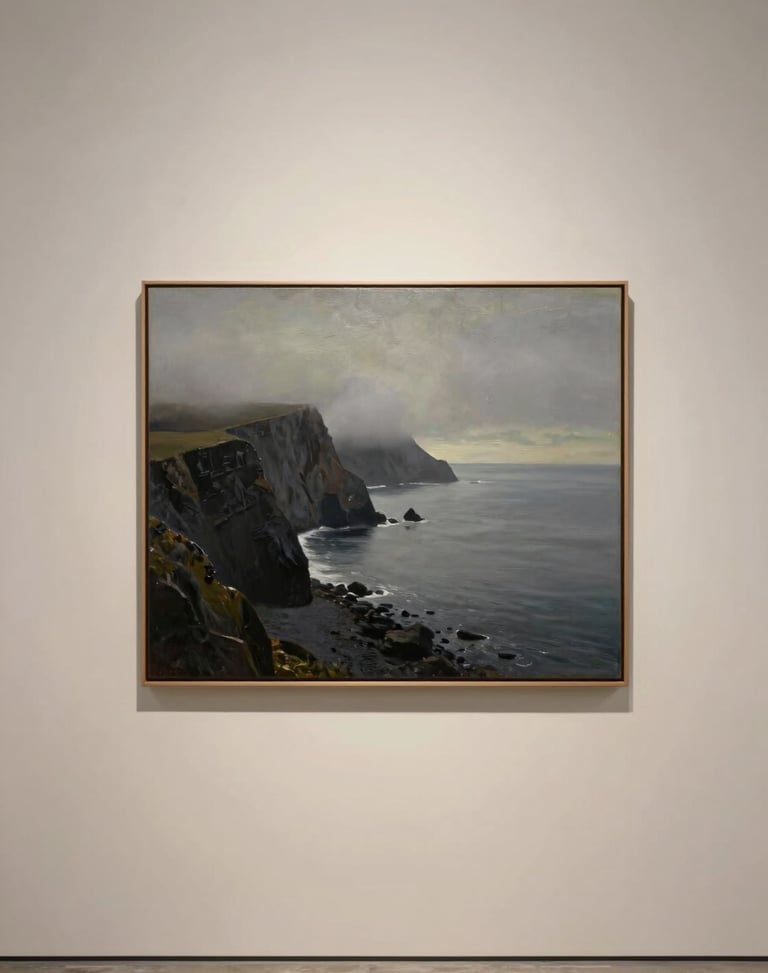 Straight-on elegant gallery shot of a quiet coastal oil painting with soft grey fog rolling over dark cliffs and calm water.