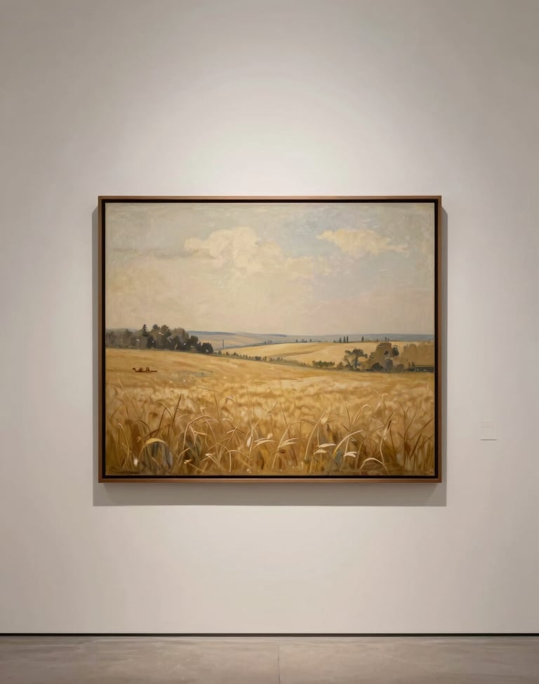 Straight-on elegant gallery shot of an atmospheric landscape painting depicting soft golden fields under a hazy sky, framed in a thin dark wood frame.