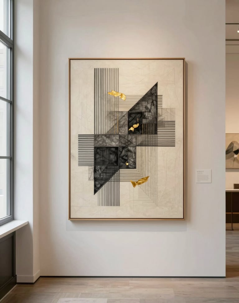 Straight-on elegant gallery shot of a contemporary mixed media artwork with geometric charcoal lines and gold leaf accents.