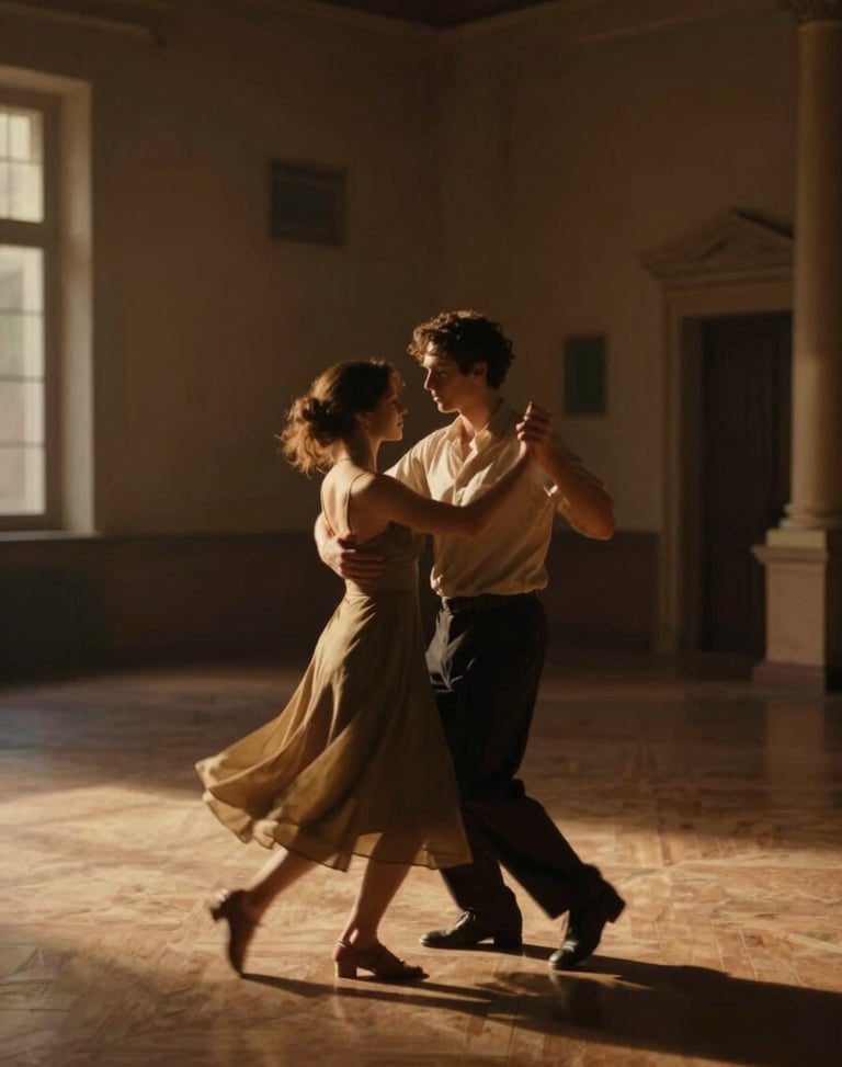Cinematic wide shot of a couple dancing in a dimly lit historic hall, soft motion blur, warm golden-hour light, artistic composition.