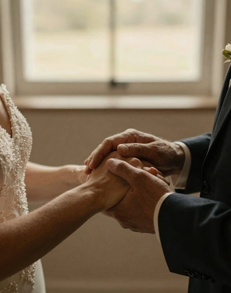 Tight intimate close-up of hands holding during a wedding ceremony, soft natural window light, warm earth tones, cinematic shallow depth of field.