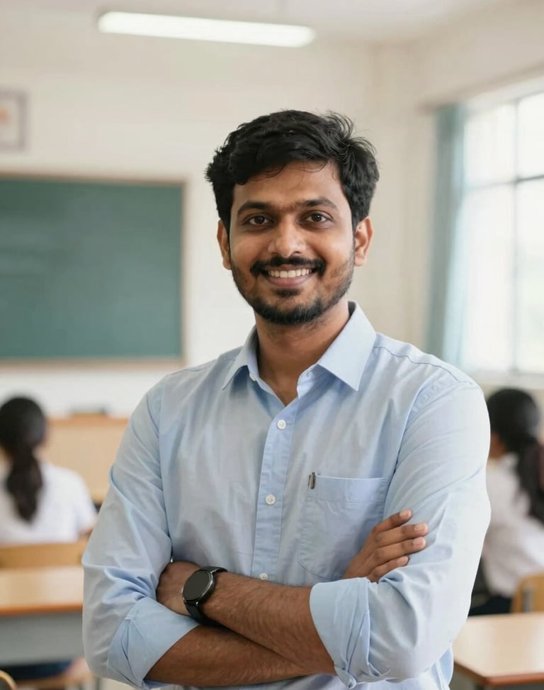 Professional portrait of Nagesh Sir, physics and mathematics faculty, smiling confidently in a bright modern classroom, clean academic photography