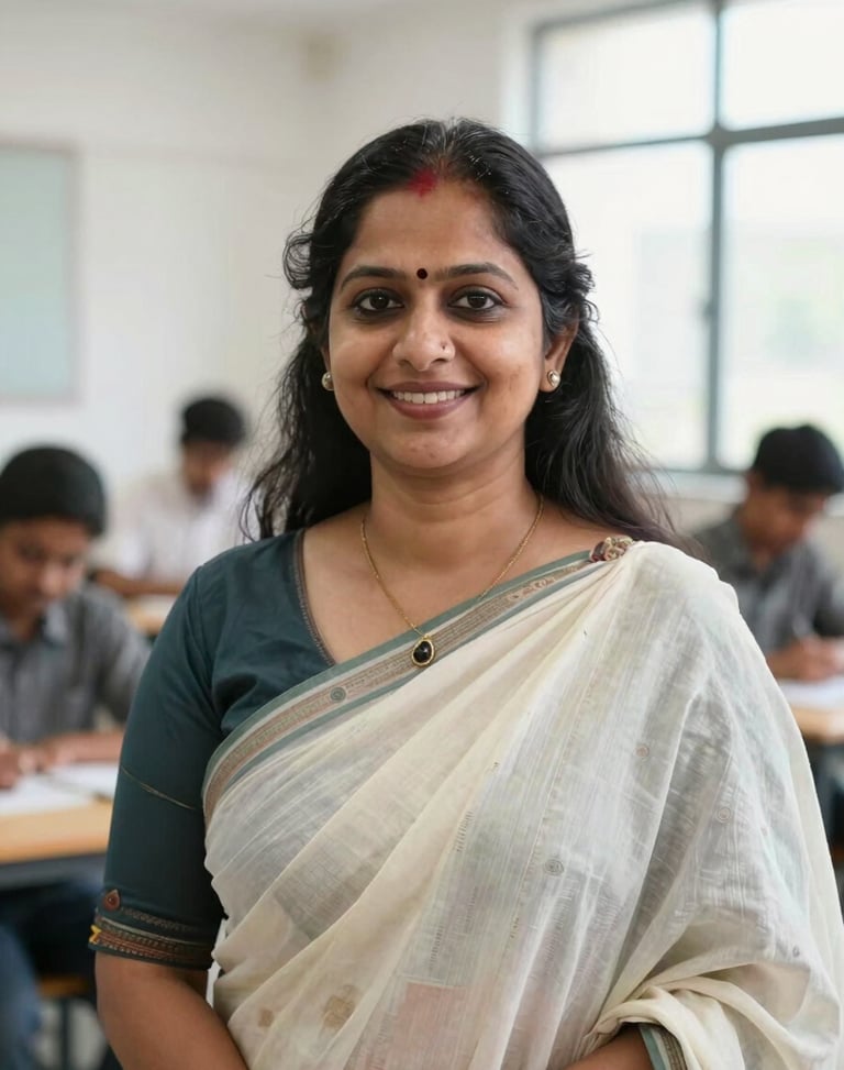 Professional portrait of Archana Ma'am, academic counsellor and student support, warm and encouraging expression, bright natural office setting