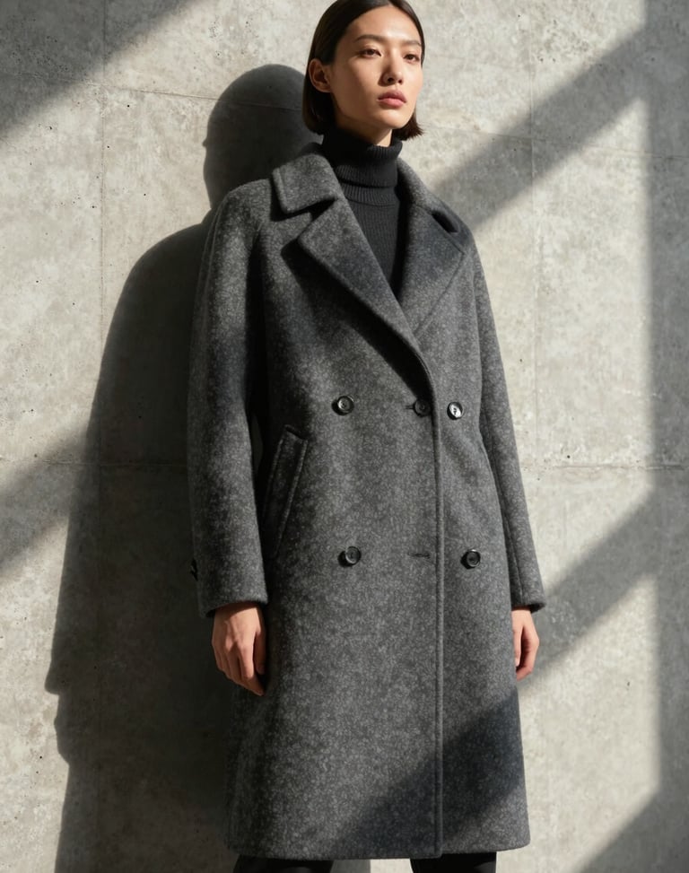 Cinematic low-angle shot of a model in a high-fashion charcoal coat standing against a raw concrete wall, harsh sunlight casting long geometric shadows