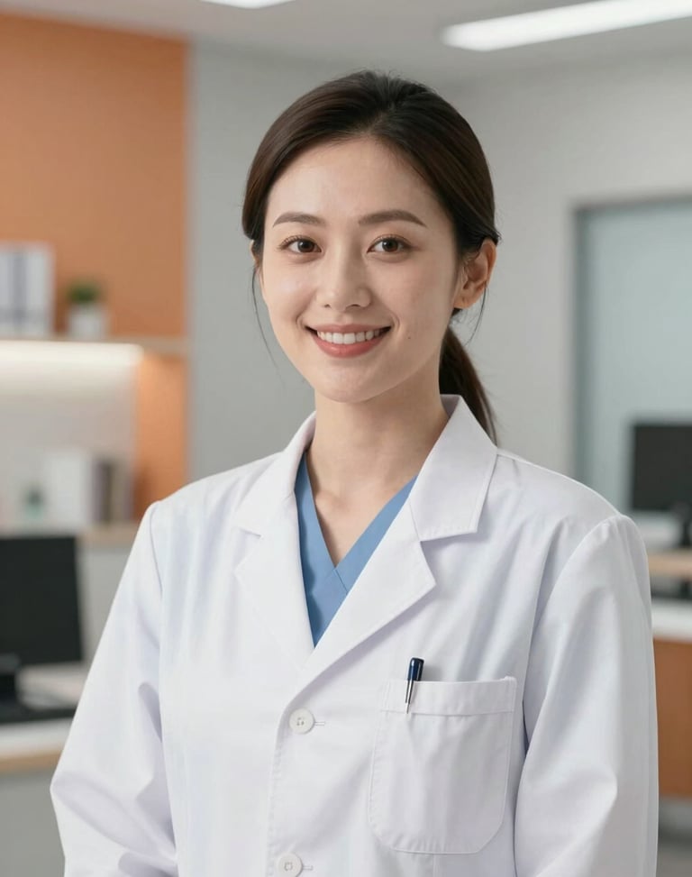 Portrait of a professional female radiologist in a white coat, smiling warmly, clean modern medical office background, 35mm