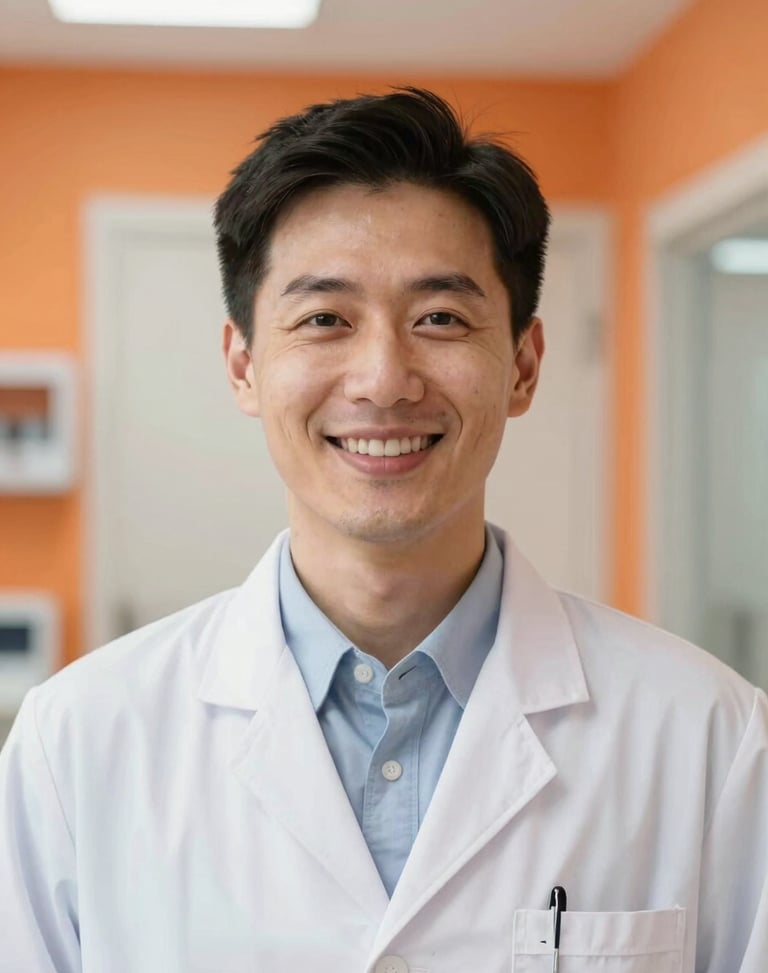 Portrait of a professional male radiologist smiling warmly, wearing a white coat, bright clinical background with orange accents, 35mm