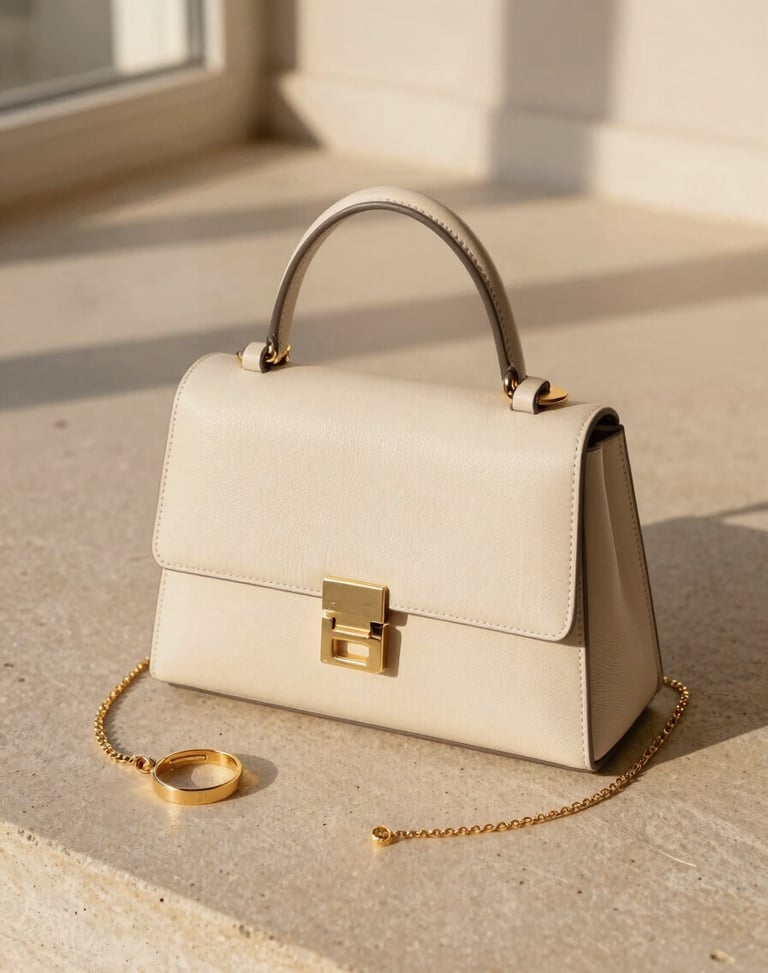 Lifestyle flatlay of a structured minimalist cream leather bag and gold jewelry on a sandstone surface, warm golden hour, shallow depth of field, 35mm