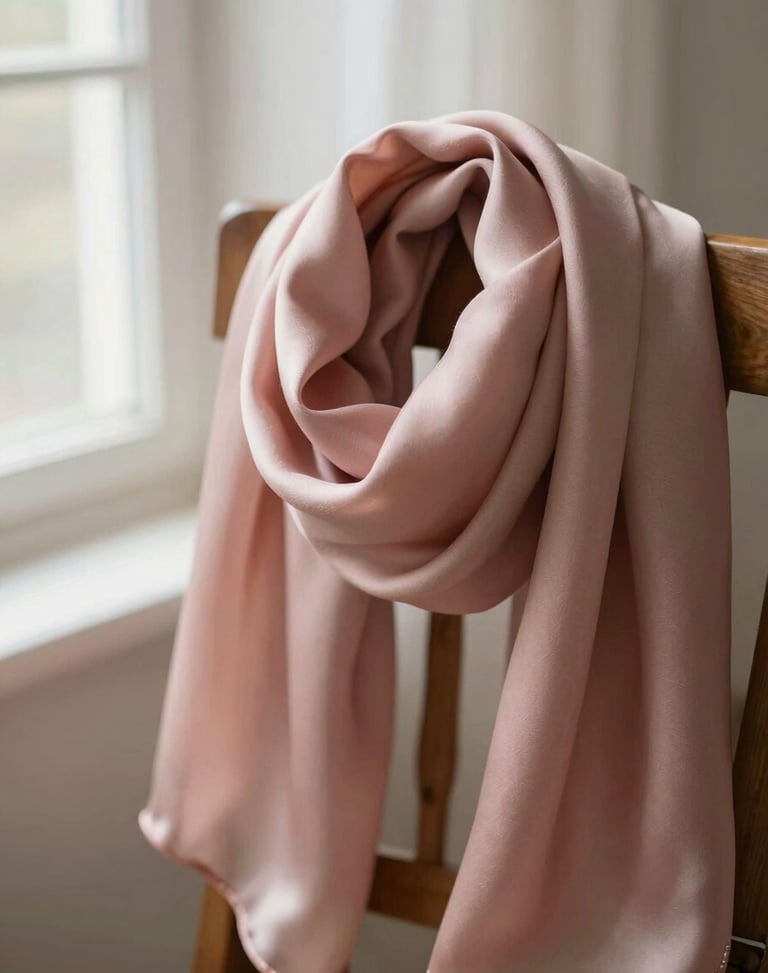 Close-up of a dusty rose silk scarf draped softly over a wooden chair, soft morning window light, shallow depth of field, 35mm