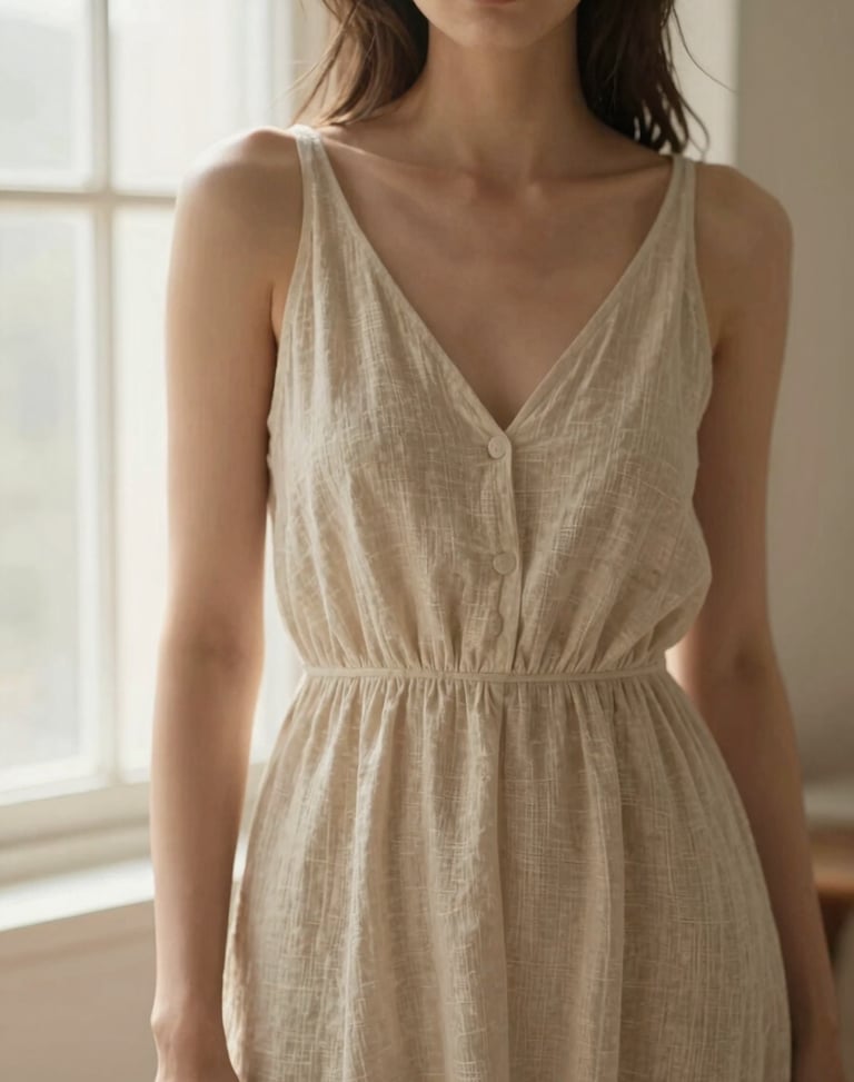 Medium editorial portrait of a woman wearing a flowing beige linen dress, soft morning window light, warm tones, shallow depth of field, 35mm