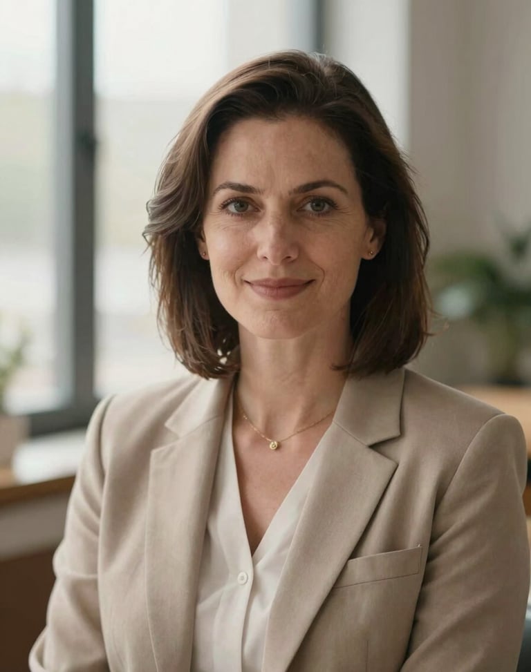 Warm editorial portrait of a female psychologist in her late 30s, soft natural window light, gentle and welcoming expression, shallow depth of field, professional office setting.