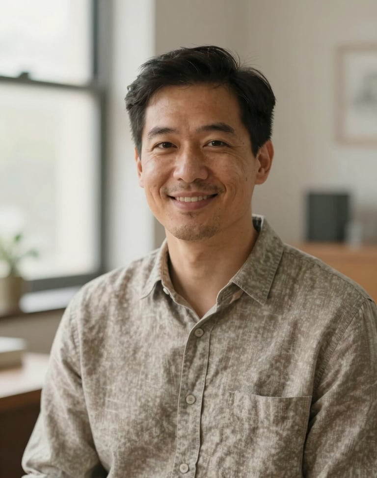 Warm editorial portrait of a male psychologist in his late 30s, wearing a linen shirt, smiling gently, soft natural window light, shallow depth of field, professional psychology office background.