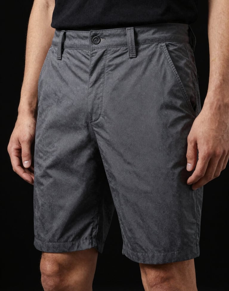 Model wearing dark grey chino shorts, high-contrast studio lighting, deep black background, focusing on the fabric texture and precise stitching, 85mm lens