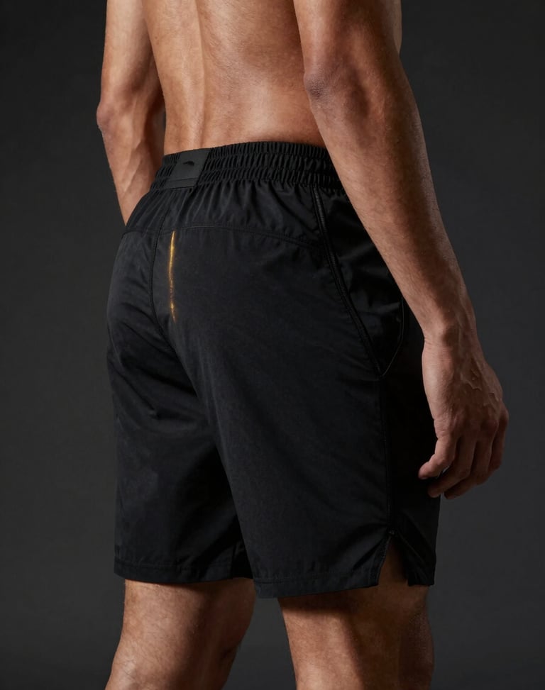 Model wearing matte black technical performance shorts, dramatic side lighting highlighting fabric flexibility, minimalist studio setup, 85mm lens