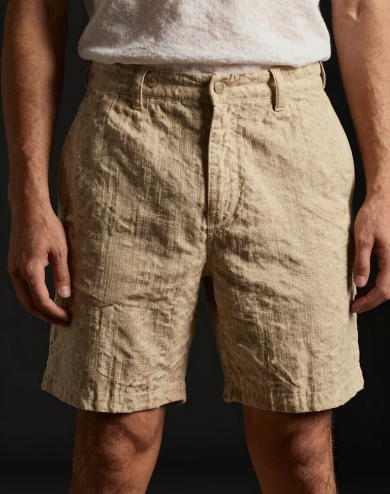 Model wearing sand-colored linen shorts, warm directional studio lighting, dark background, detailed shot of the natural linen weave and relaxed fit, 85mm lens