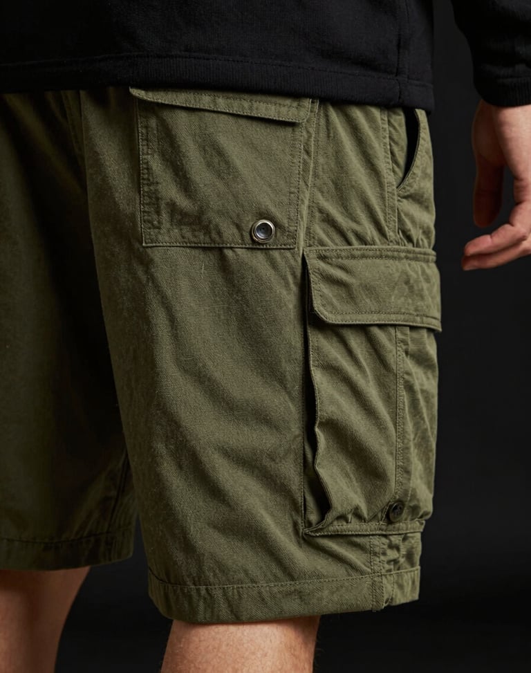 Model wearing olive green utility cargo shorts, moody directional lighting, focus on clean pocket design and durable canvas fabric, 85mm lens
