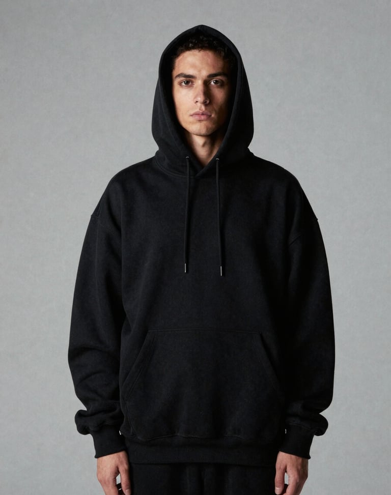 Stark editorial portrait of a model wearing a heavy oversized black hoodie, desaturated grey studio backdrop, cold high-contrast studio lighting, 2:3 aspect ratio