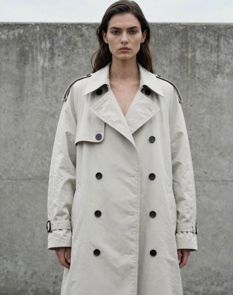 Stark editorial portrait of a female model wearing an oversized oyster-white trench coat, brutalist concrete background, cold overcast daylight, 2:3 aspect ratio