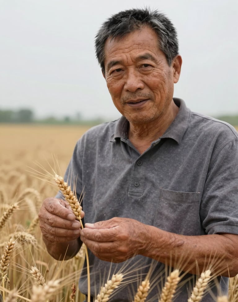 A close-up portrait of a male agricultural advisor in his 50s, weathered hands, standing in an active wheat field under overcast natural daylight.