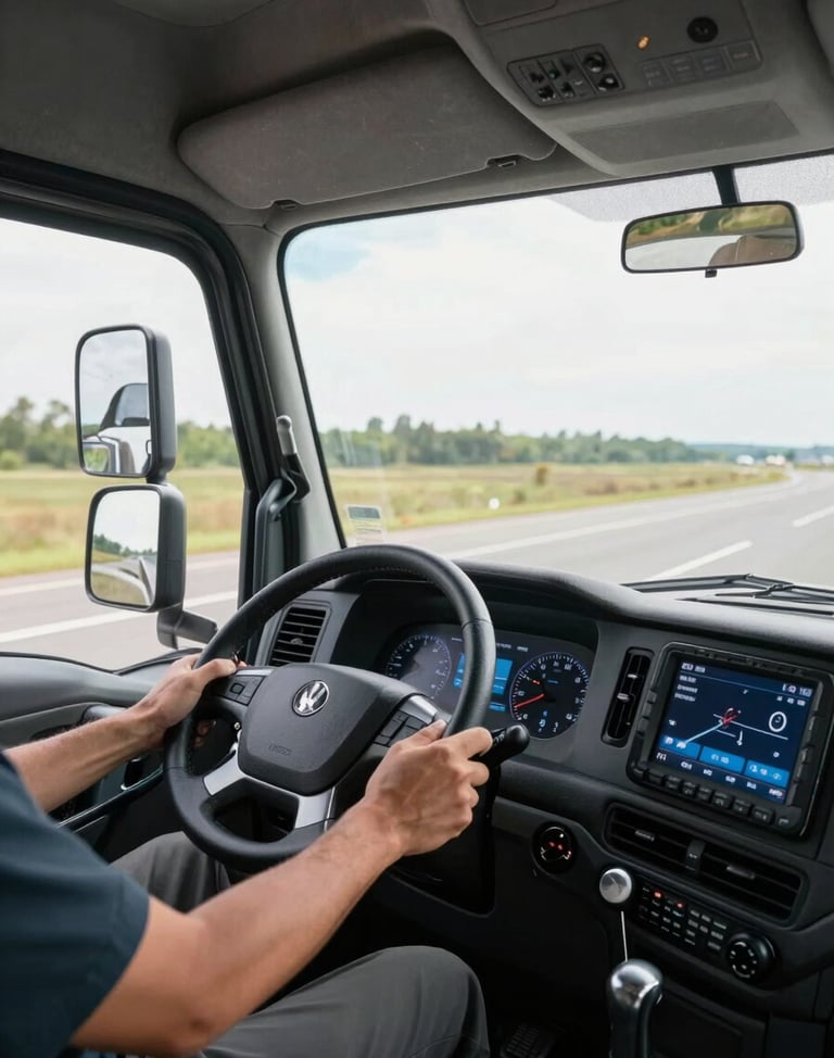 Wide interior view of a modern heavy-truck cabin from the passenger side, dashboard with digital monitoring screens illuminated, driver's hands on steering wheel in motion, bright daylight through windshield, road ahead stretching into distance, precise and clean composition