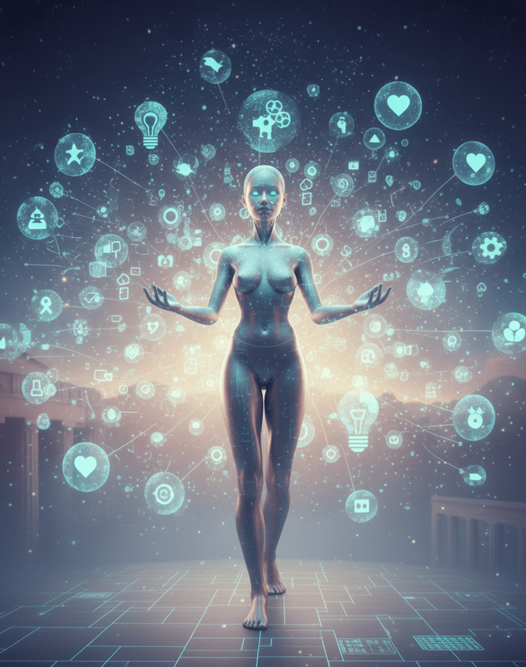 Female AI mediator in serene digital space; best AI course presence.