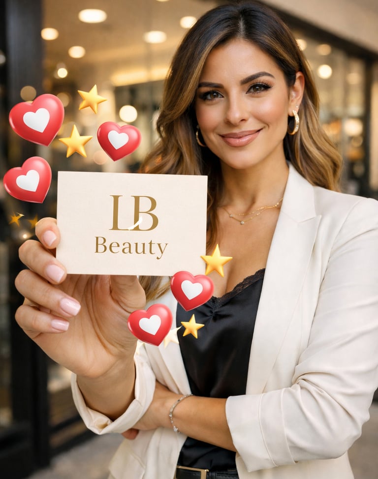 Mujer sonriente con blazer blanco sosteniendo una tarjeta de presentación de LB Beauty con corazones