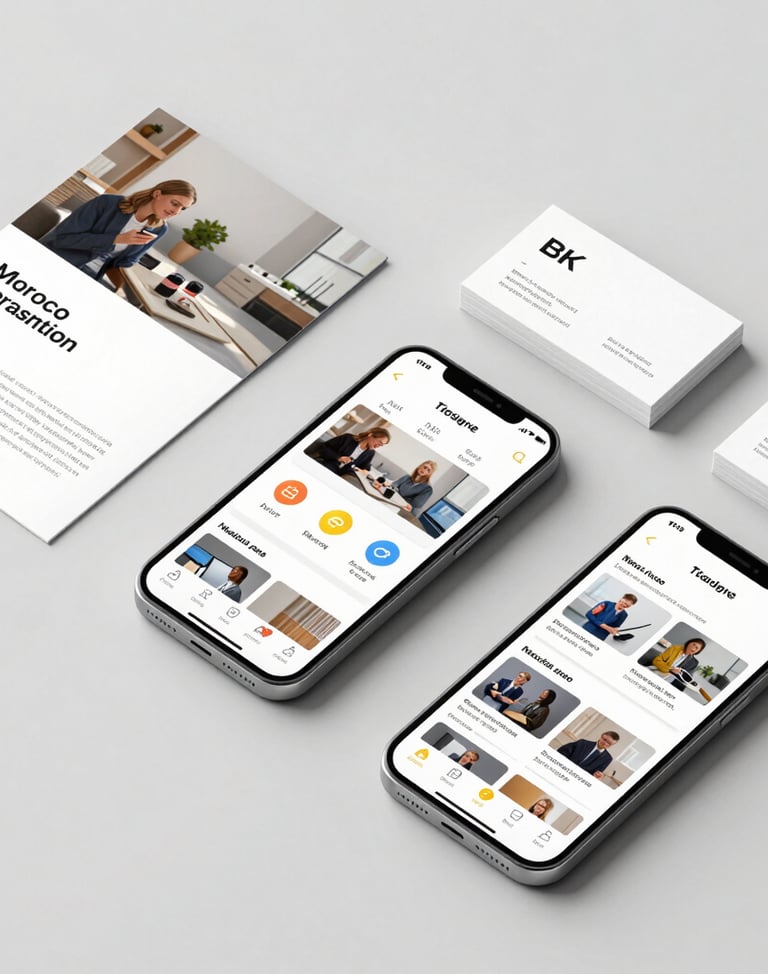 High-angle flat lay of custom designed mobile application screens alongside printed corporate brochures and business cards on a clean light grey surface, bright natural light.