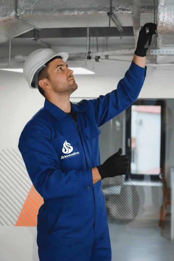 HVAC technician inspecting ventilation system and performing technical diagnostics on air duct insta