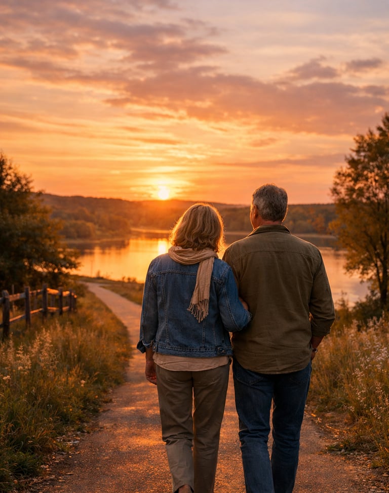 A senior couple walking on a trail by a lake at sunset, enjoying retirement and nature.