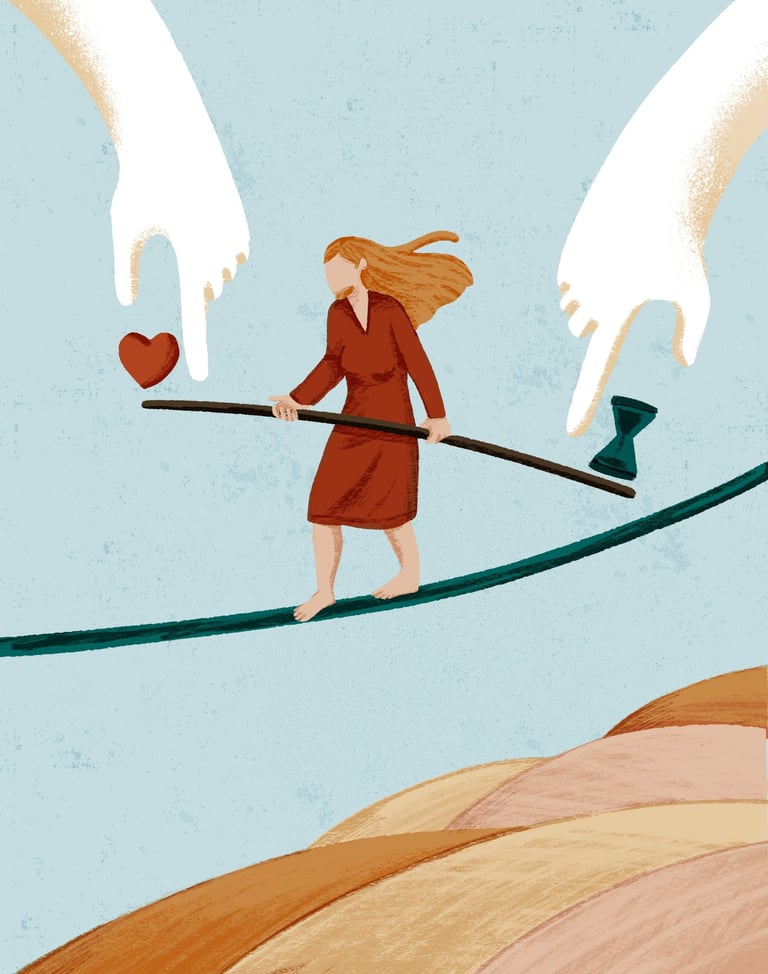 a woman walking on a tight line holding a balance stick, two hands point a heart and an hourglass