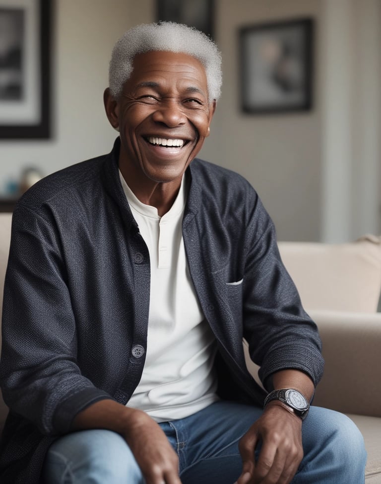 Elderly couple smiling and holding hands on couch.