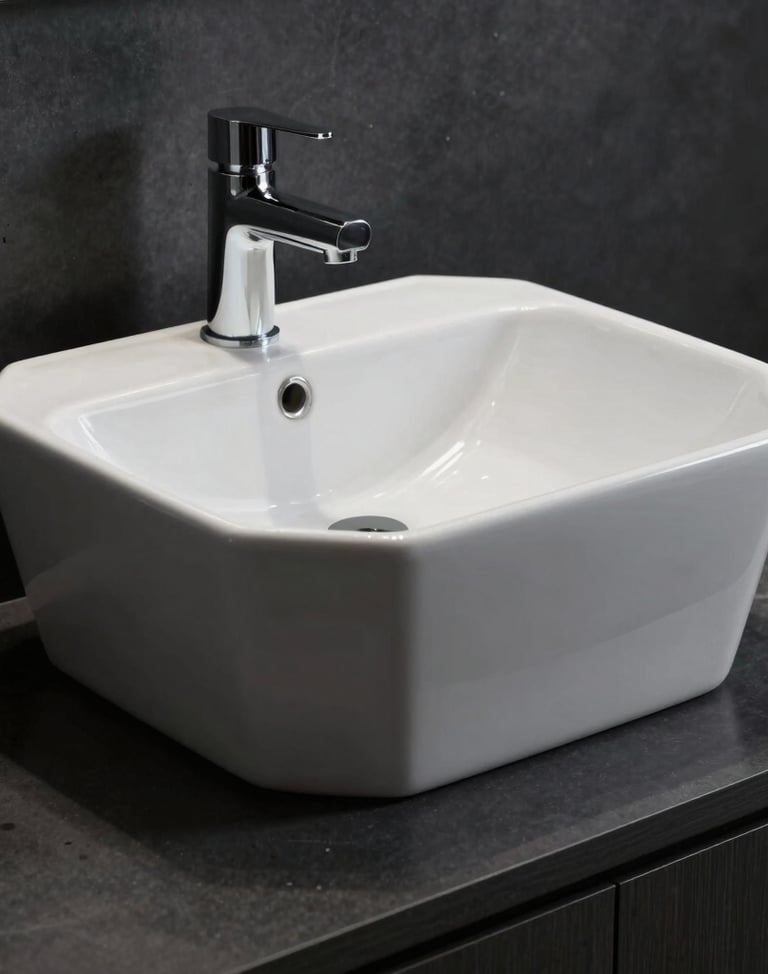 Orthographic studio shot of a modern geometric washbasin, crisp white ceramic against a dark charcoal backdrop, sharp structural lines.