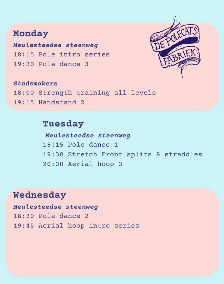 Weekly class schedule for De Polecats Fabriek featuring pole dance, aerial hoop, and strength training.