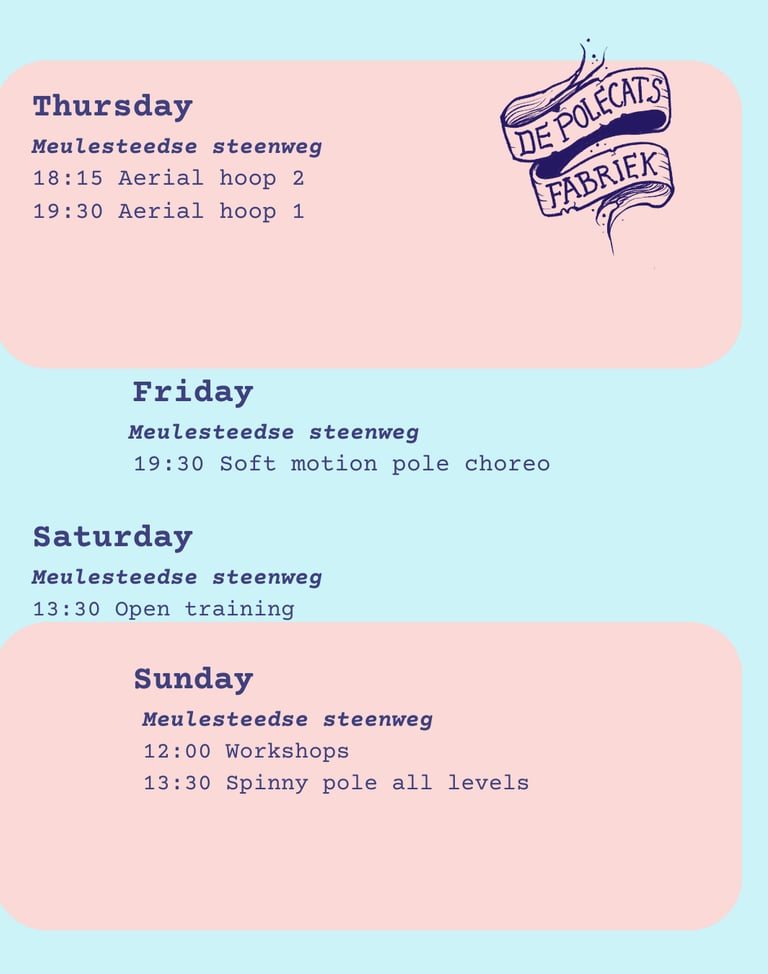 De Polecats Fabriek weekly schedule for aerial hoop and pole dance classes in Meulesteedsesteenweg.