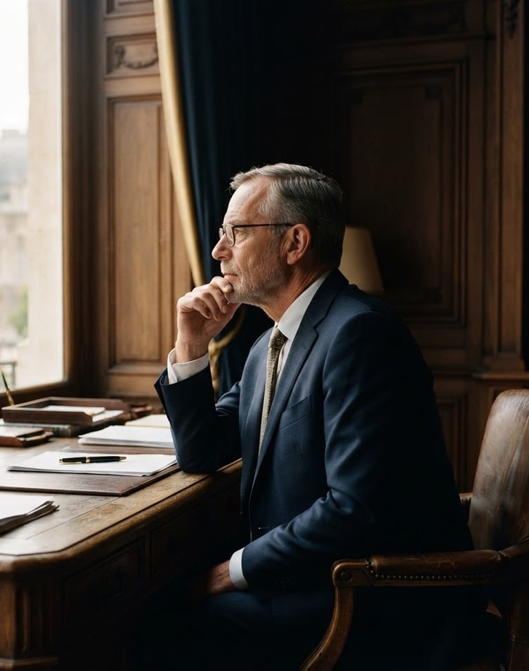 Side-profile medium shot of a diplomat in deep thought, soft warm window light casting long shadows across a dark wood-paneled room, editorial film photography style, 35mm lens.