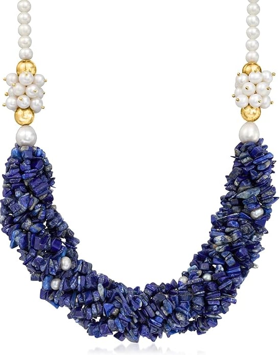 Black Dress Jewelry. Lapis Lazuli Bead Necklace With 4.5-5.5mm Cultured Pearls in 18kt Gold Over Sterling. 18 inches