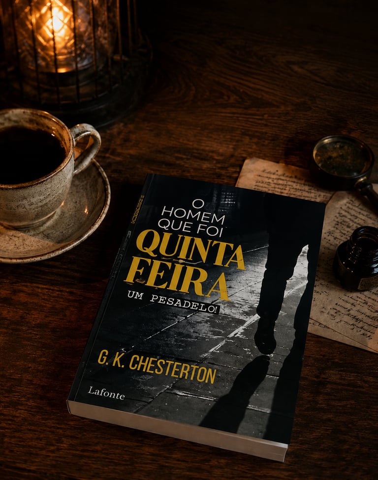 A copy of G.K. Chesterton's The Man Who Was Thursday on a wooden desk with a cup of coffee and a lantern.