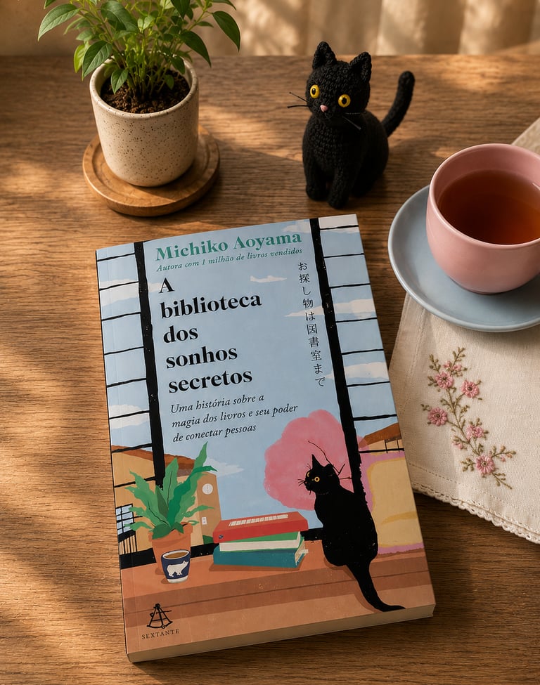 Michiko Aoyama book on a wooden table with a black cat figurine and a pink teacup.