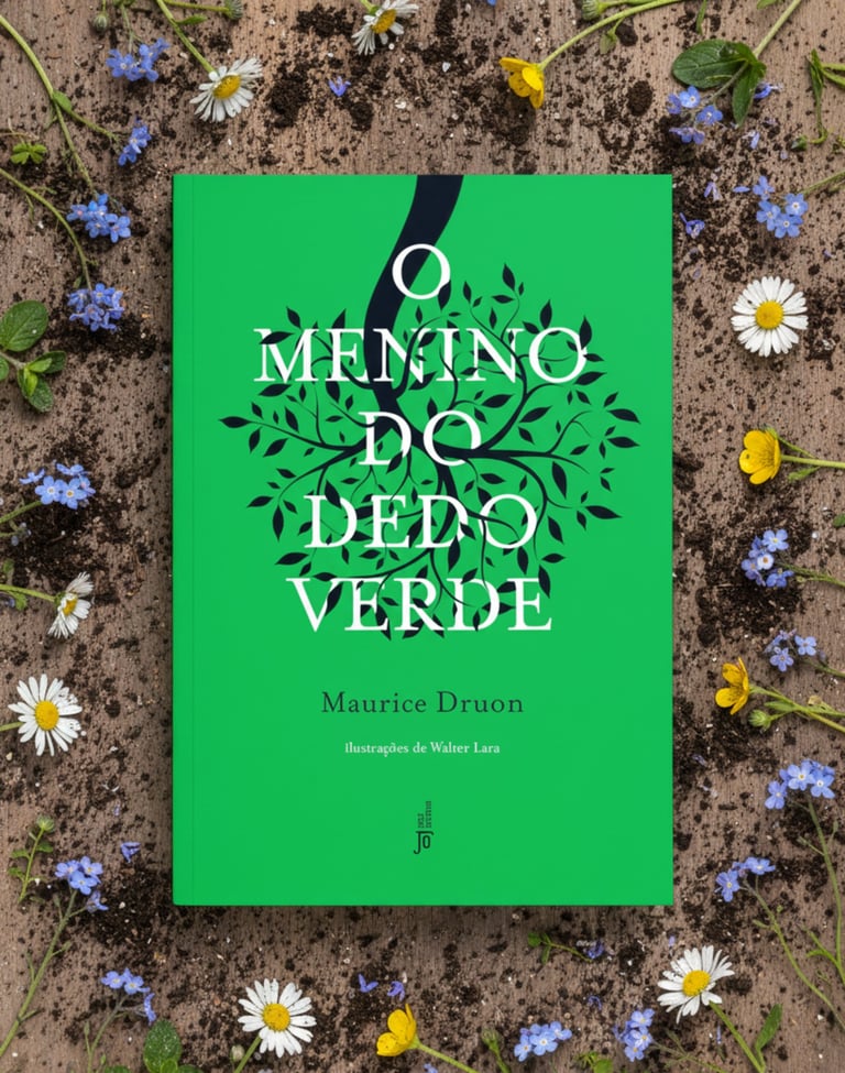 Green cover of O Menino do Dedo Verde book by Maurice Druon surrounded by daisies and soil.