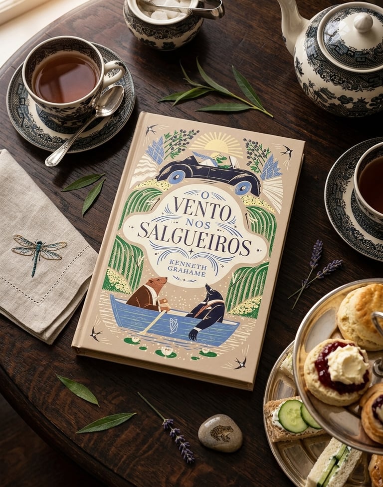 The Wind in the Willows book by Kenneth Grahame on a wooden table with afternoon tea, scones, and sandwiches.