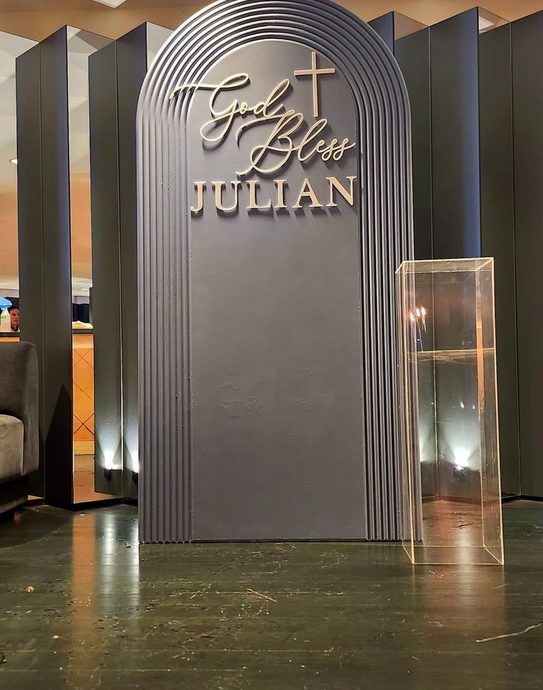 Blue baptism backdrop with a God Bless custom made sign by Decors4u