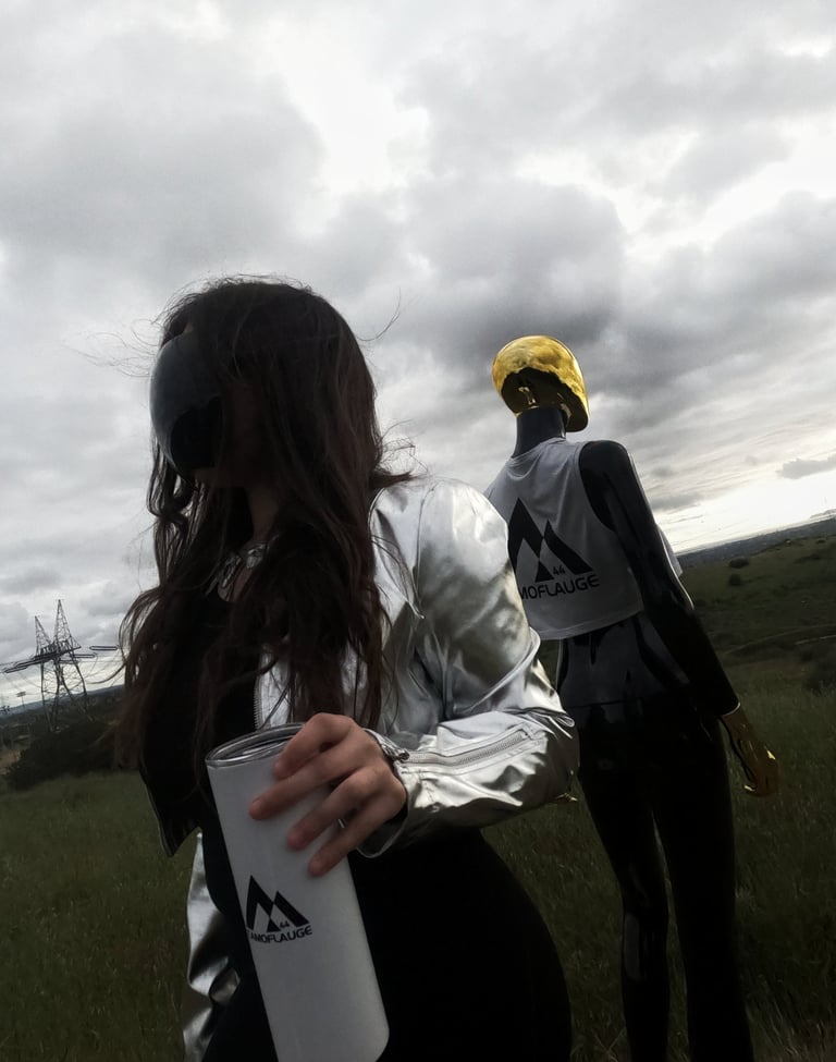 a woman in a silver jacket and a dimensional being