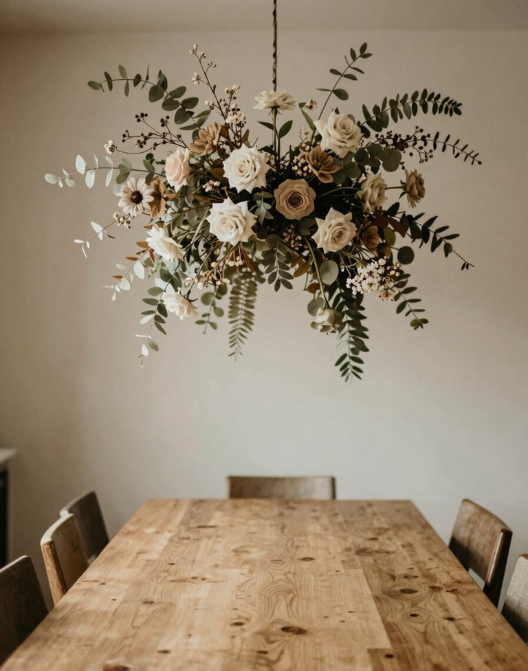 An architectural floral installation hanging above an empty, long wooden table, refined styling, soft natural light, muted neutral tones, shallow depth of field, 35mm